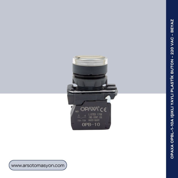 OPBL-1-10A Işıklı Yaylı Plastik Buton - 220 VAC - Beyaz