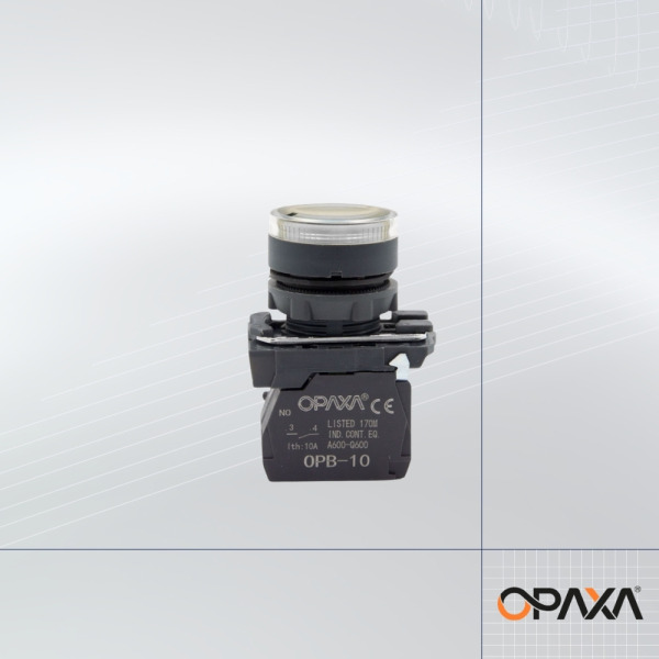 OPBL-1-10A Işıklı Yaylı Plastik Buton - 220 VAC - Beyaz