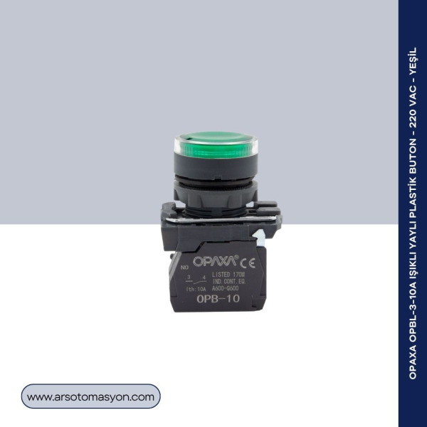 OPBL-3-10A Işıklı Yaylı Plastik Buton - 220 VAC - Yeşil