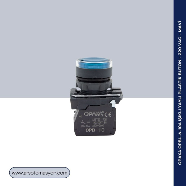OPBL-6-10A Işıklı Yaylı Plastik Buton - 220 VAC - Mavi