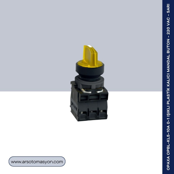 OPBL-KL5-10A 0-1 Işıklı Plastik Kalıcı Mandal Buton - 220 VAC - Sarı